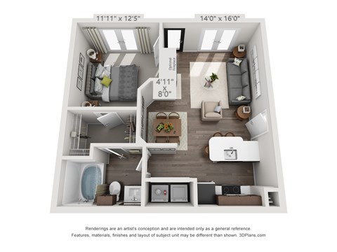 Floor plan for 1 bed, 1 bath, 648 sqft
